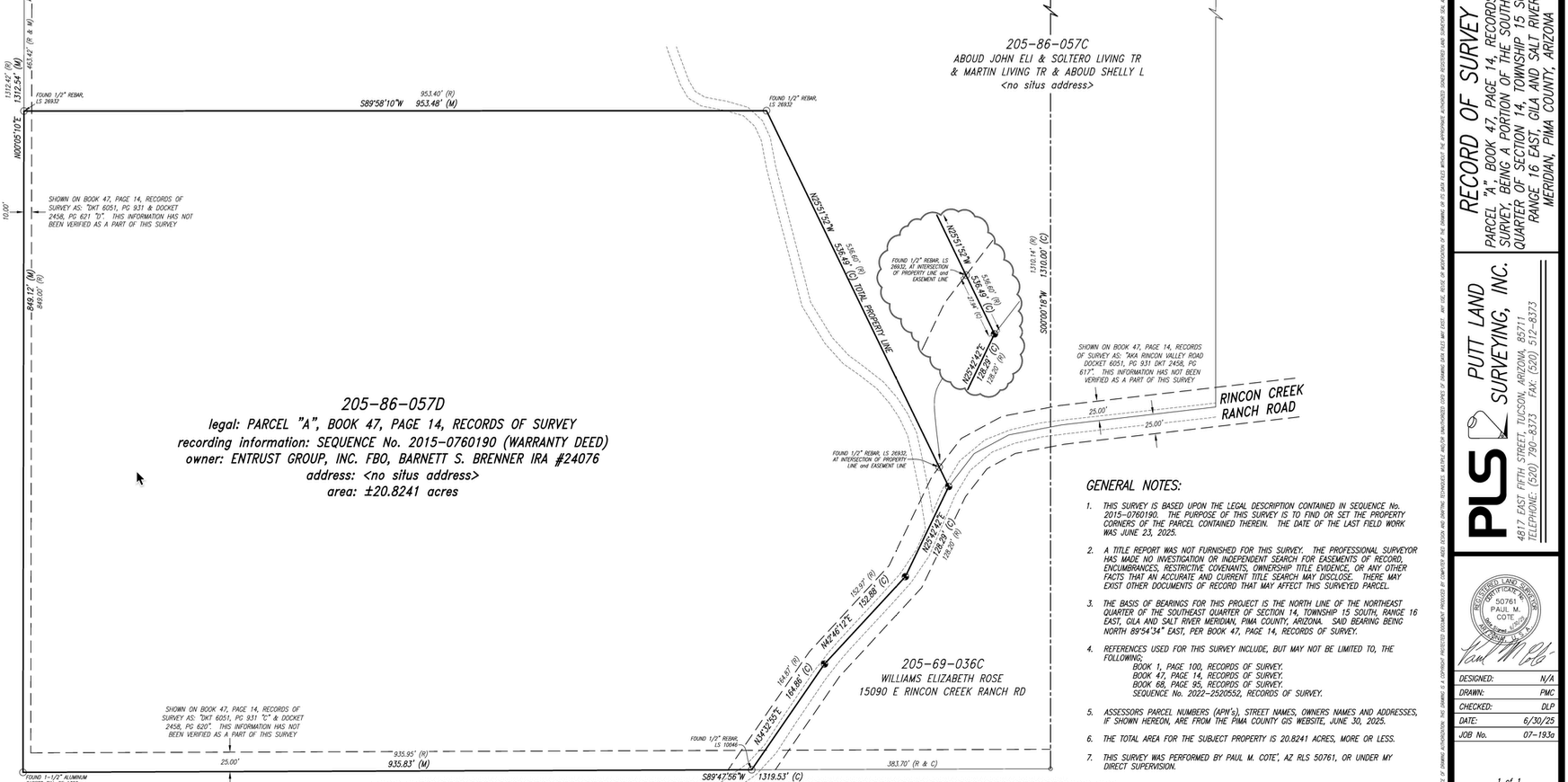 2025 survey drawing showing property boundaries and legal descriptions